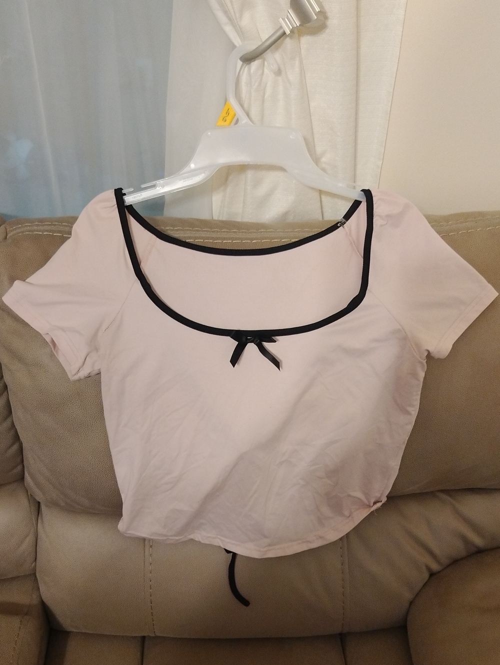 Light Pink Crop Top with Black Contrast Trim and Bow